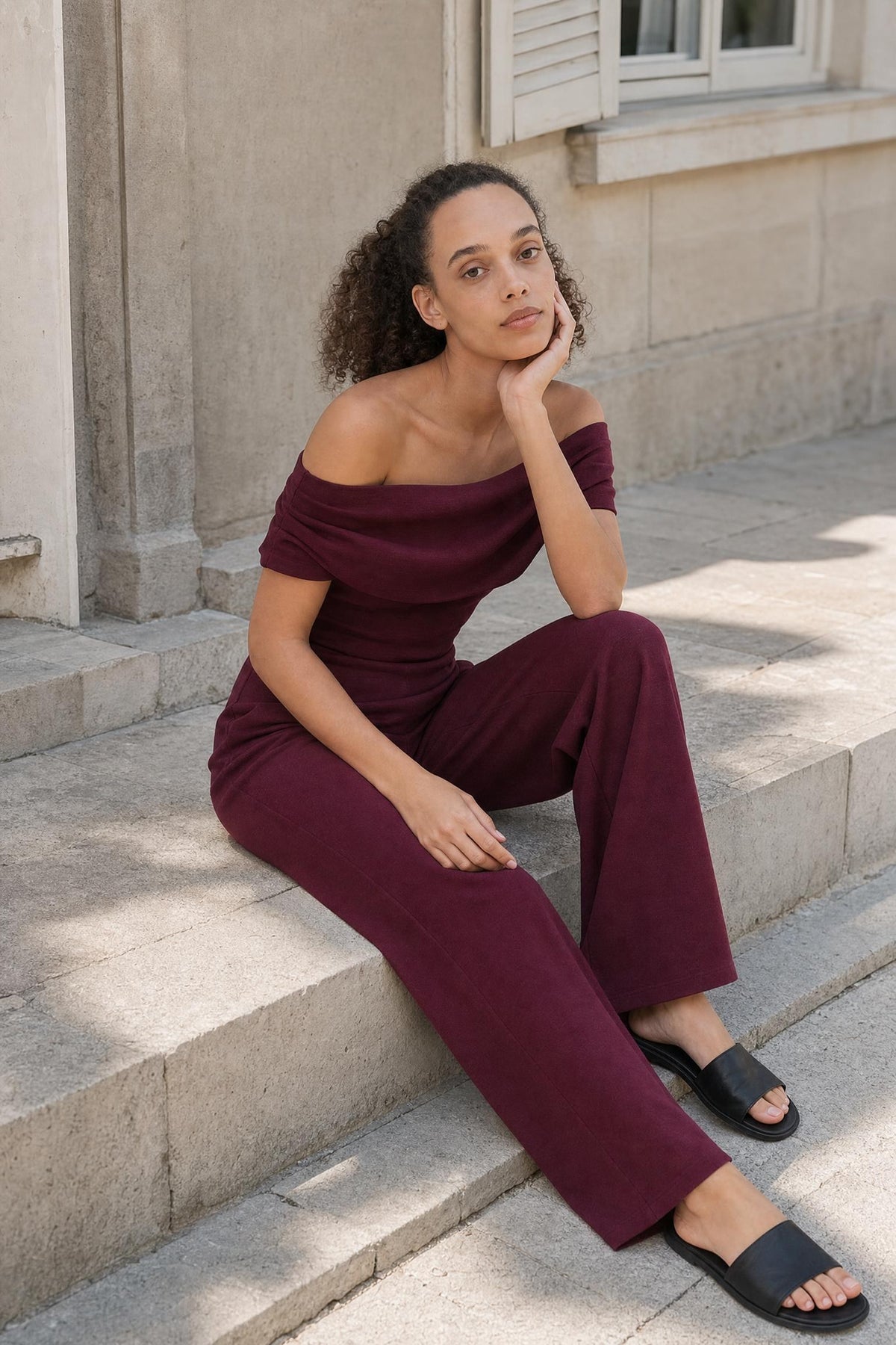 Reva - Off-Shoulder Jumpsuit in Burgundy